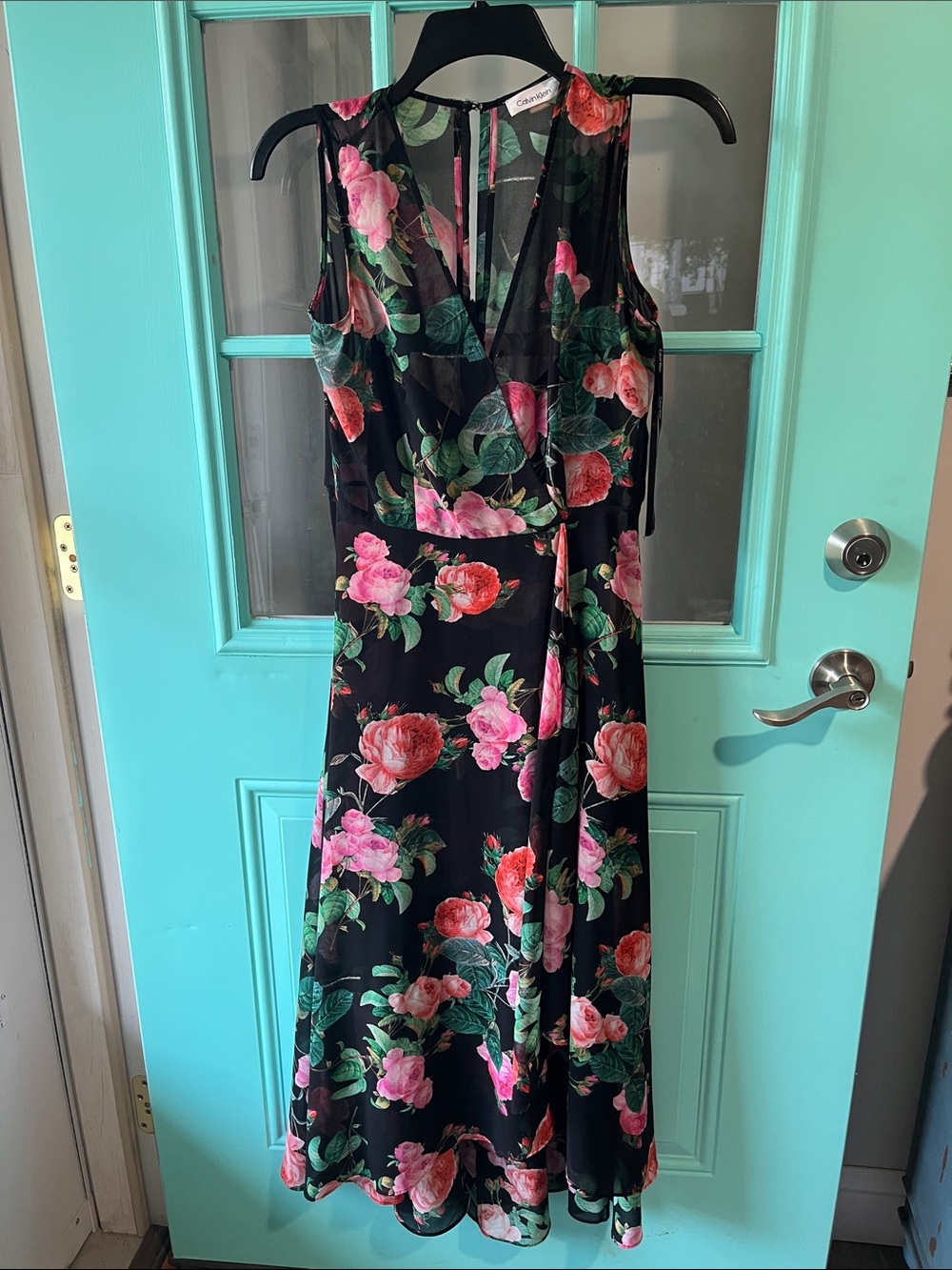 Floral Calvin Klein Wedding Guest Midi Dress in Black and Pink